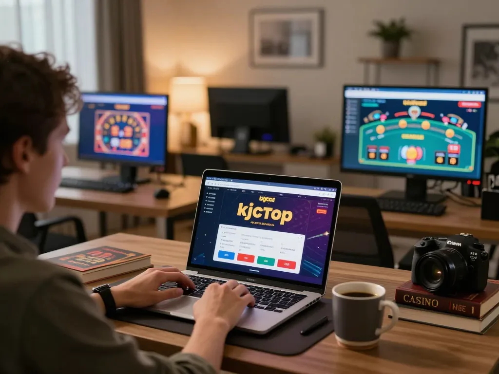 Engaging with kjctop online gaming on a laptop in a comfortable home setting, showcasing strategy-focused gambling
