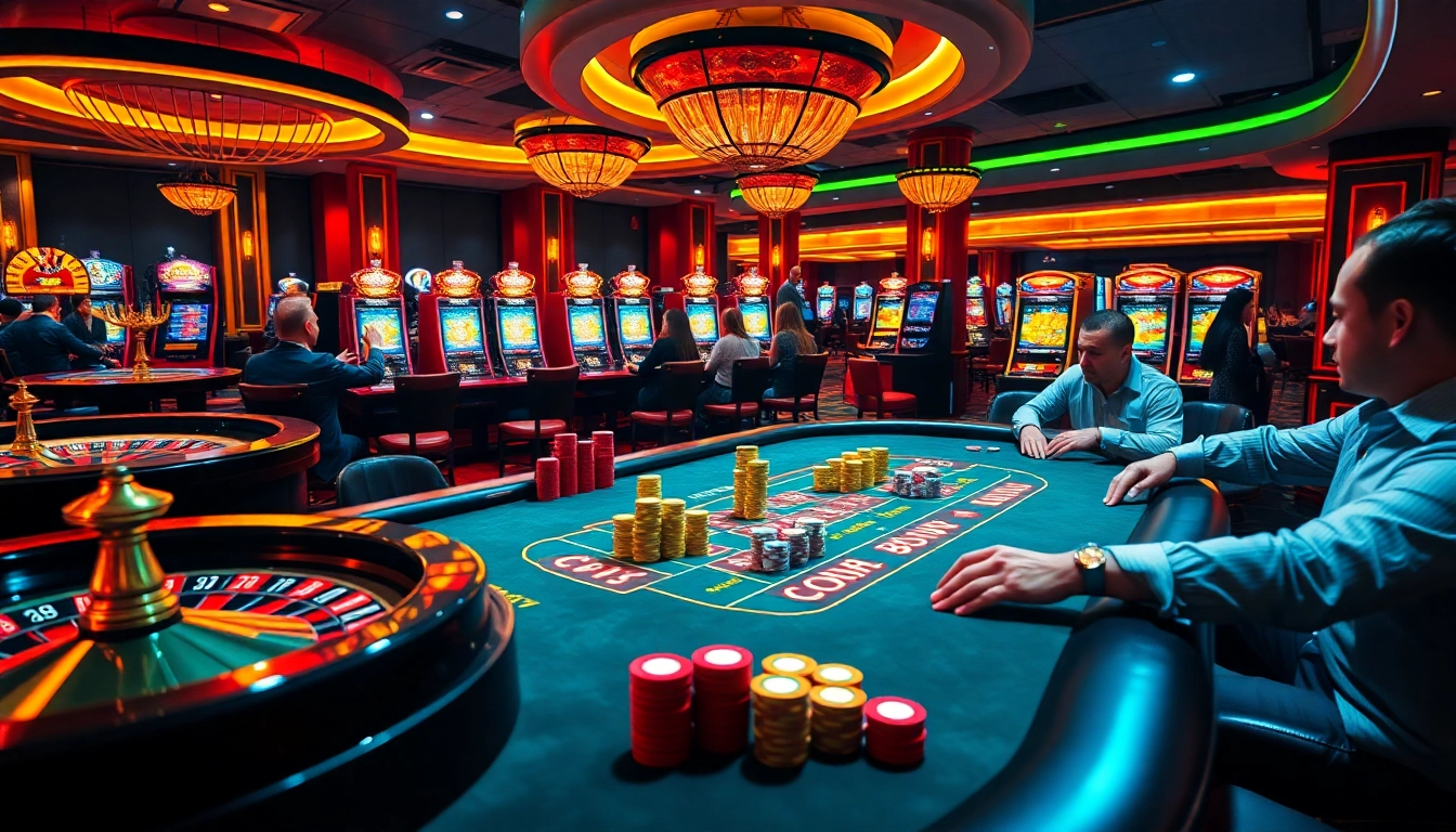 Engaging poker game at MB66 casino with vibrant chips and roulette, showcasing thrilling gambling atmosphere.