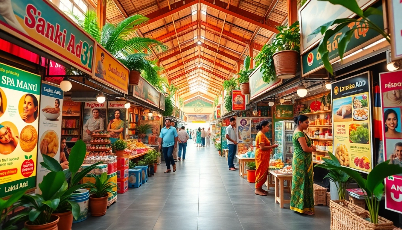 Lanka Add marketplace with vibrant stalls showcasing local ads and services.