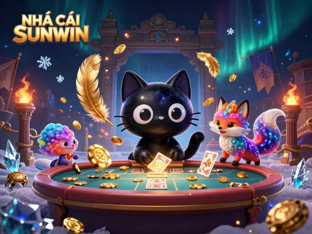 Experience the cosmic charm of NHÀ CÁI SUNWIN with a black hole cat and a nebula fox at an immersive casino.