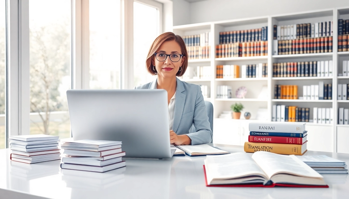 Sworn translation service in a modern office setting with legal documents.