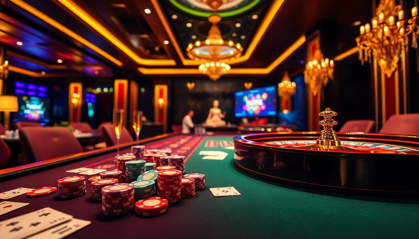 A thrilling scene at a casino table featuring cn3789.net, elegant poker chips, playing cards, and a roulette wheel for an engaging gambling experience.