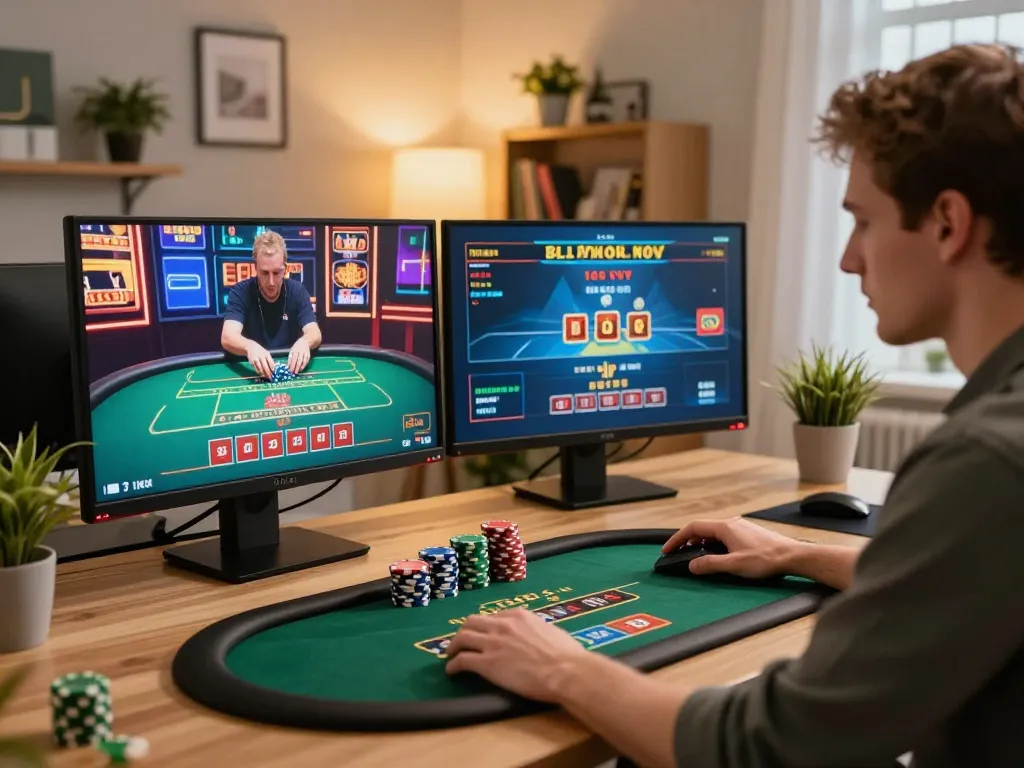 Player engaging in online casino games at home with DV88 platform on multiple screens