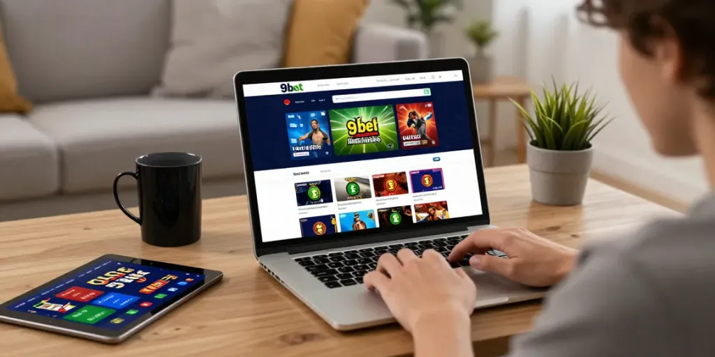 Engaged user exploring the 9bet online gambling platform in a stylish living room.