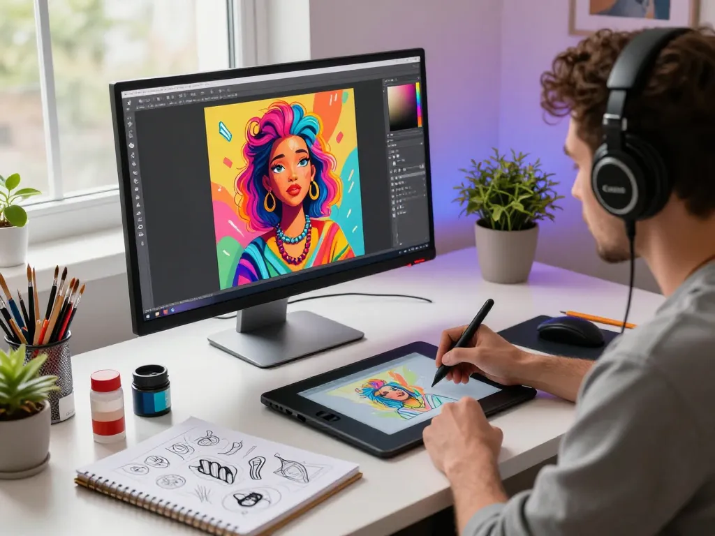 Digital artist enhancing vibrant artwork using nano banana 2 AI in a creative workspace.