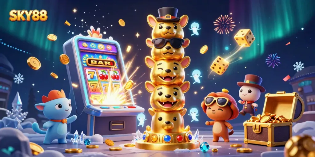 Engage with exciting SKY88 casino experiences illustrated with dynamic gaming elements and lively characters.