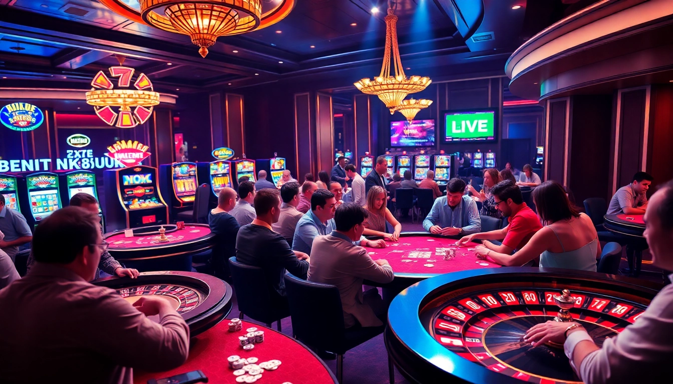 Excited players enjoying poker and slots at nk88uk.com in a vibrant casino atmosphere.