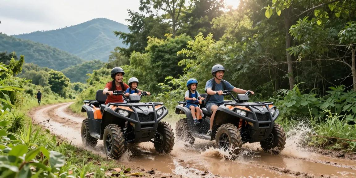 A family enjoying a side by side UTV for sale, driving through a forest trail, showcasing the adventure and exploration of off-roading.