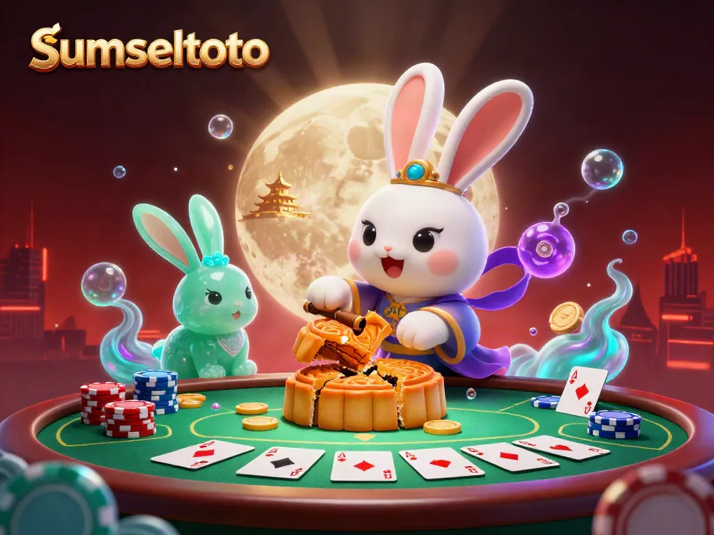 Experience the lunar adventure with sumseltoto as a moon rabbit reveals poker chips amidst vibrant casino elements.