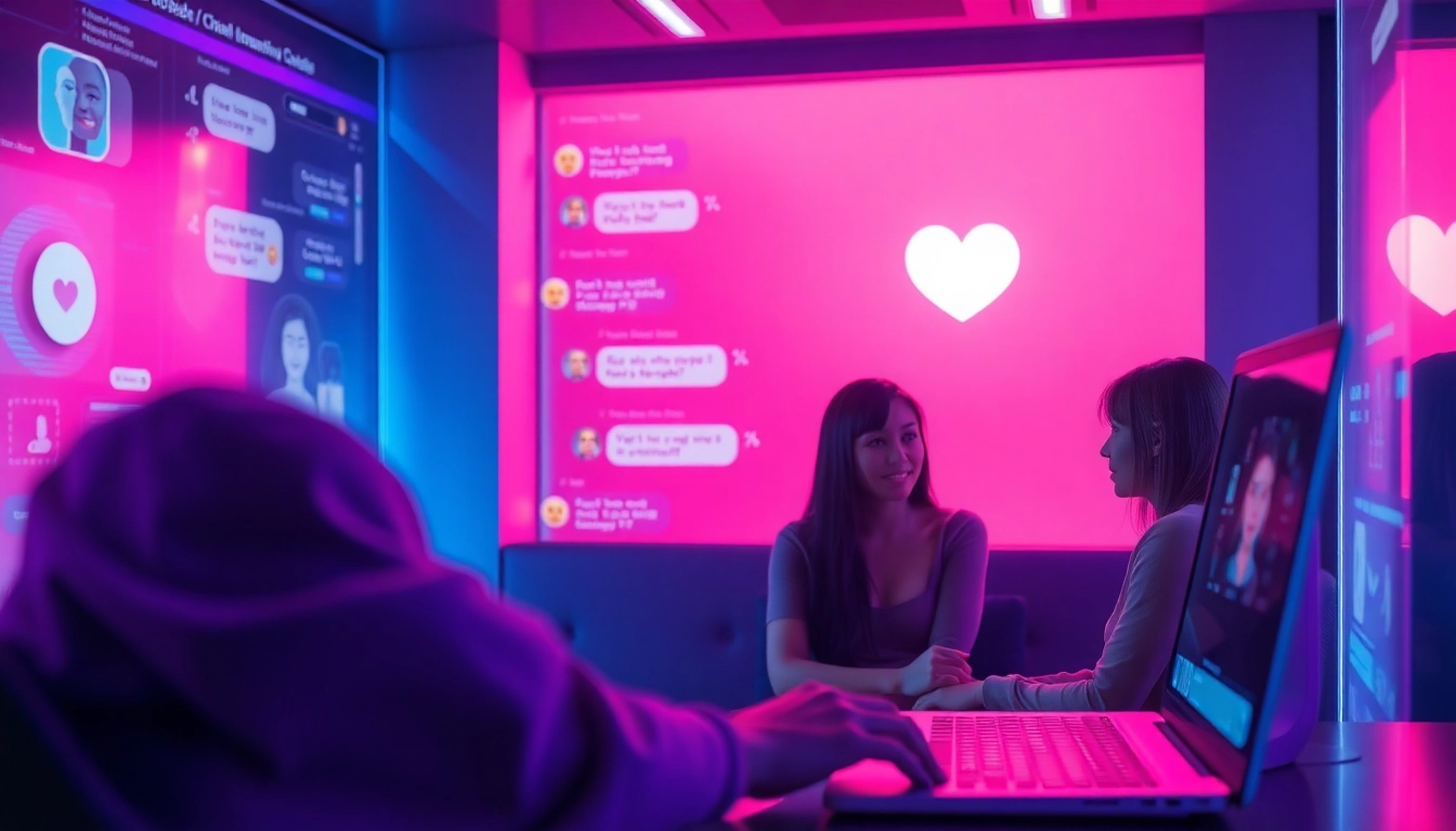 Engaging AI sex chat characters in a vibrant digital chat room atmosphere