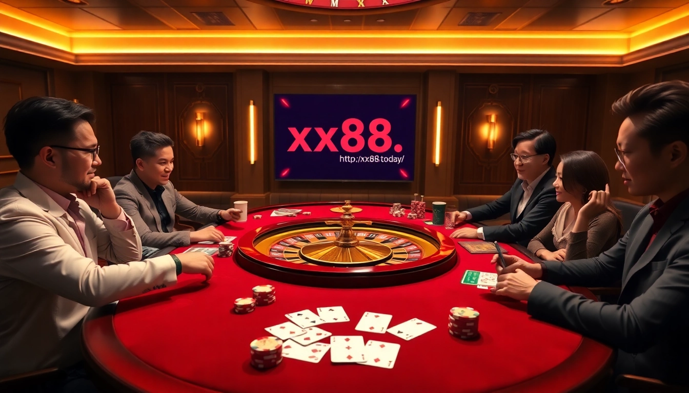 Experience thrilling gaming at https://xx88.today/ with a luxurious online casino setup featuring roulette and poker.