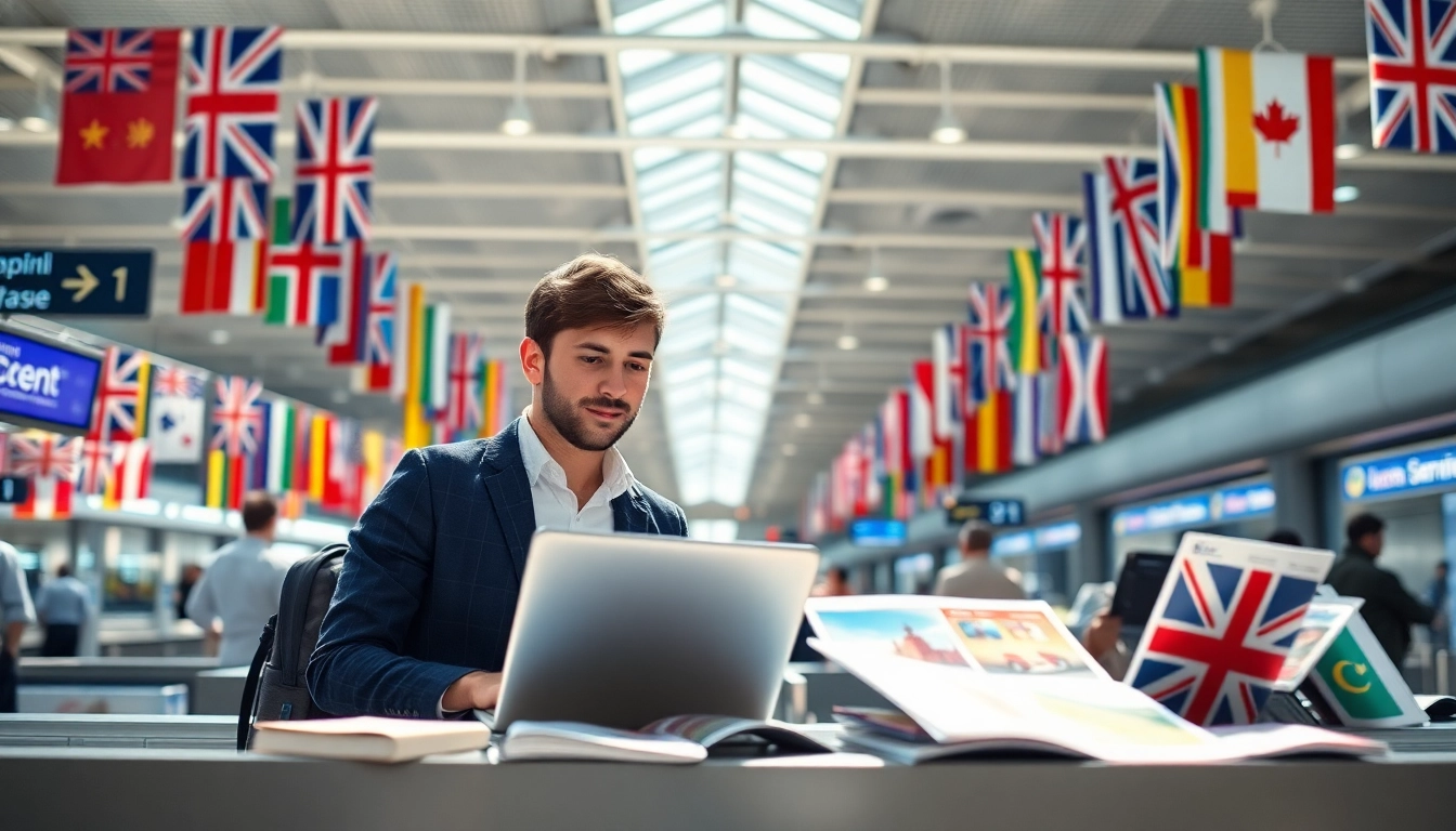 Complete your uk eta online application at a busy airport desk with travel brochures.