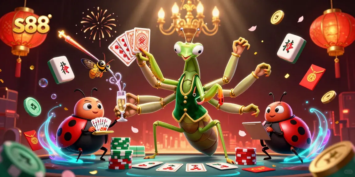 S88 casino scene showcasing a giant card sharp and pit boss amidst vibrant gambling elements.