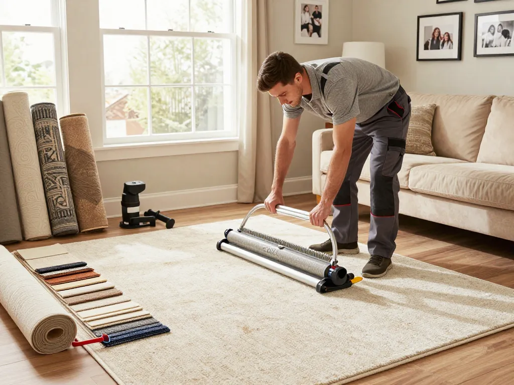 Professional carpet fitters near me installing beautiful carpet in a cozy living room.