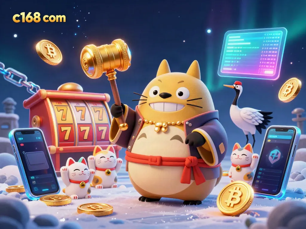 Spin and win with c168 com in a vibrant casino scene featuring a cheerful tanuki and festive elements.