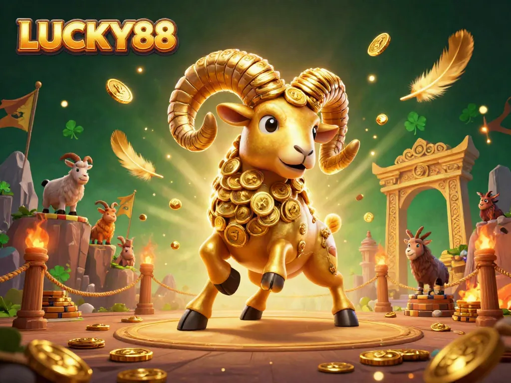 Experience thrilling gaming action with LUCKY88, featuring a powerful golden ram amidst dynamic casino elements.