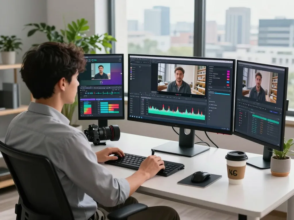 Video to prompt analysis in a modern workspace with AI tools and vibrant creativity.