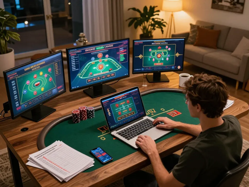 Player engaging in online gaming at Soc88 with laptop, notes, and cozy atmosphere.