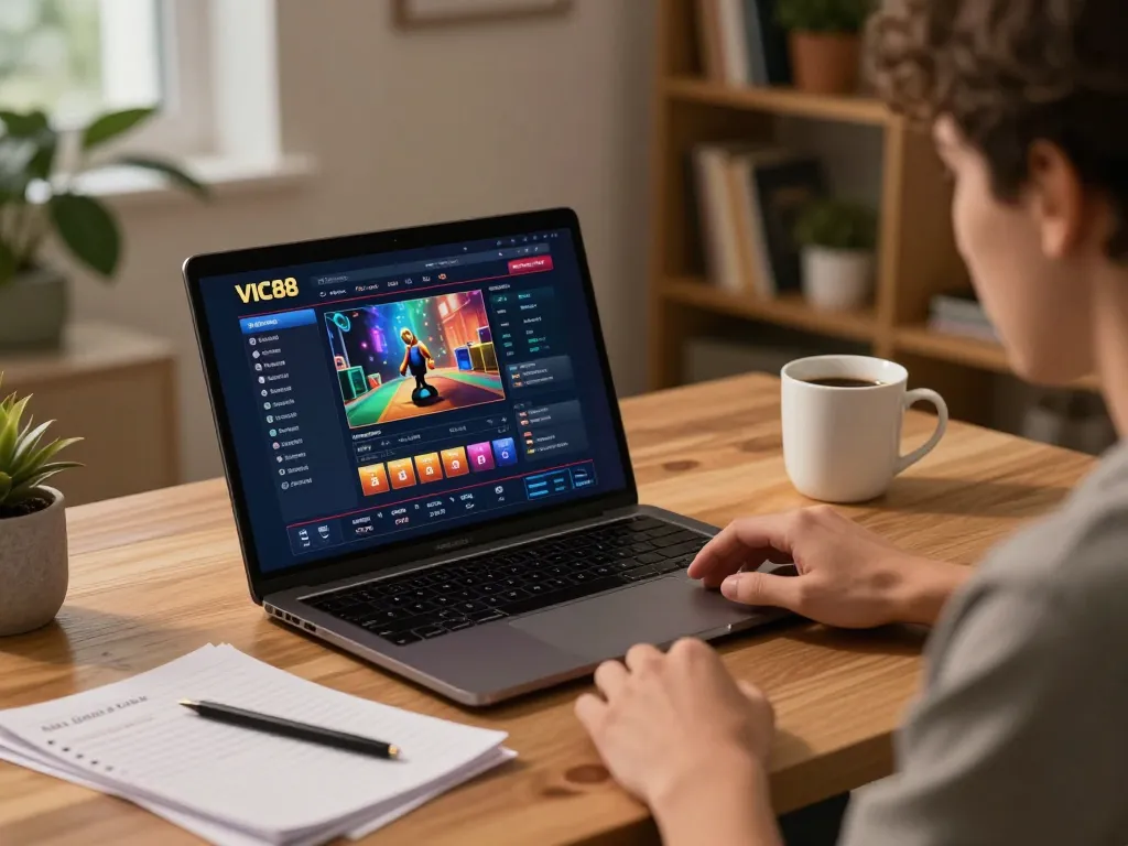 Engaging strategy session at VIC88 online casino, showcasing focused player with notes and laptop.
