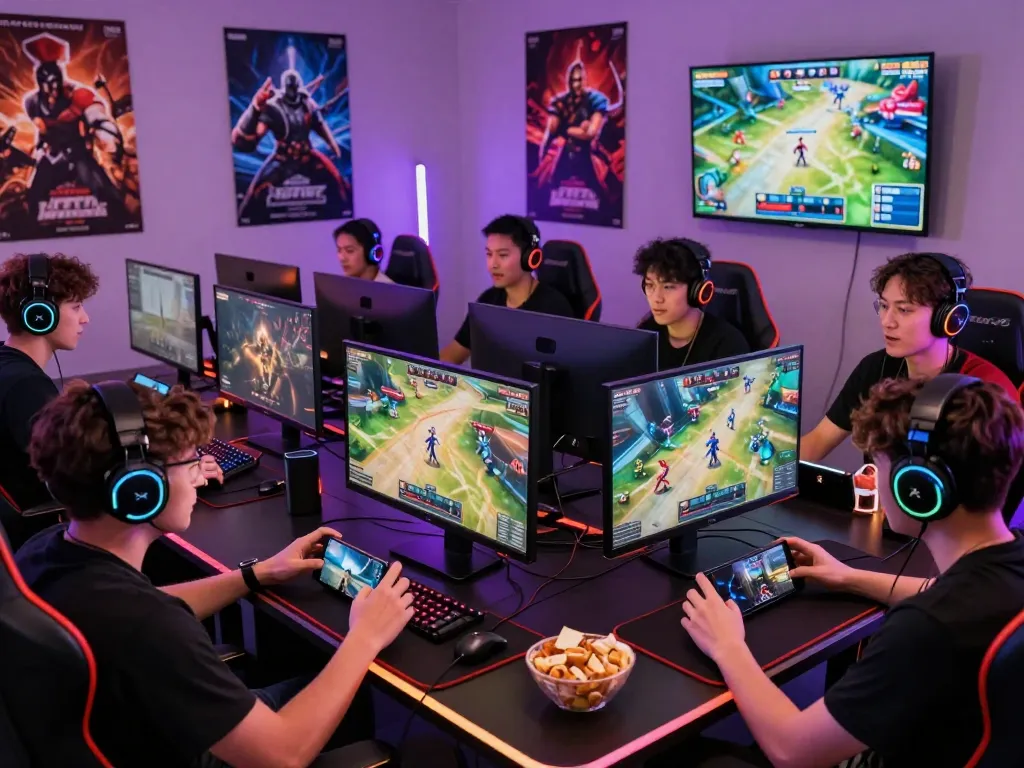 Engaging gamers in online gaming experience while tải hitclub app on multiple devices, showcasing vibrant setups and dynamic atmosphere.