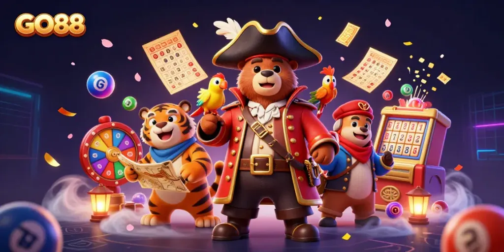 Spin to win with GO88 in a vibrant casino scene featuring a pirate bear, tiger, and golden elements.