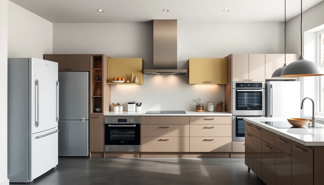 Explore бяла техника appliances in a stylish kitchen featuring sleek refrigerators, dishwashers, and ovens.