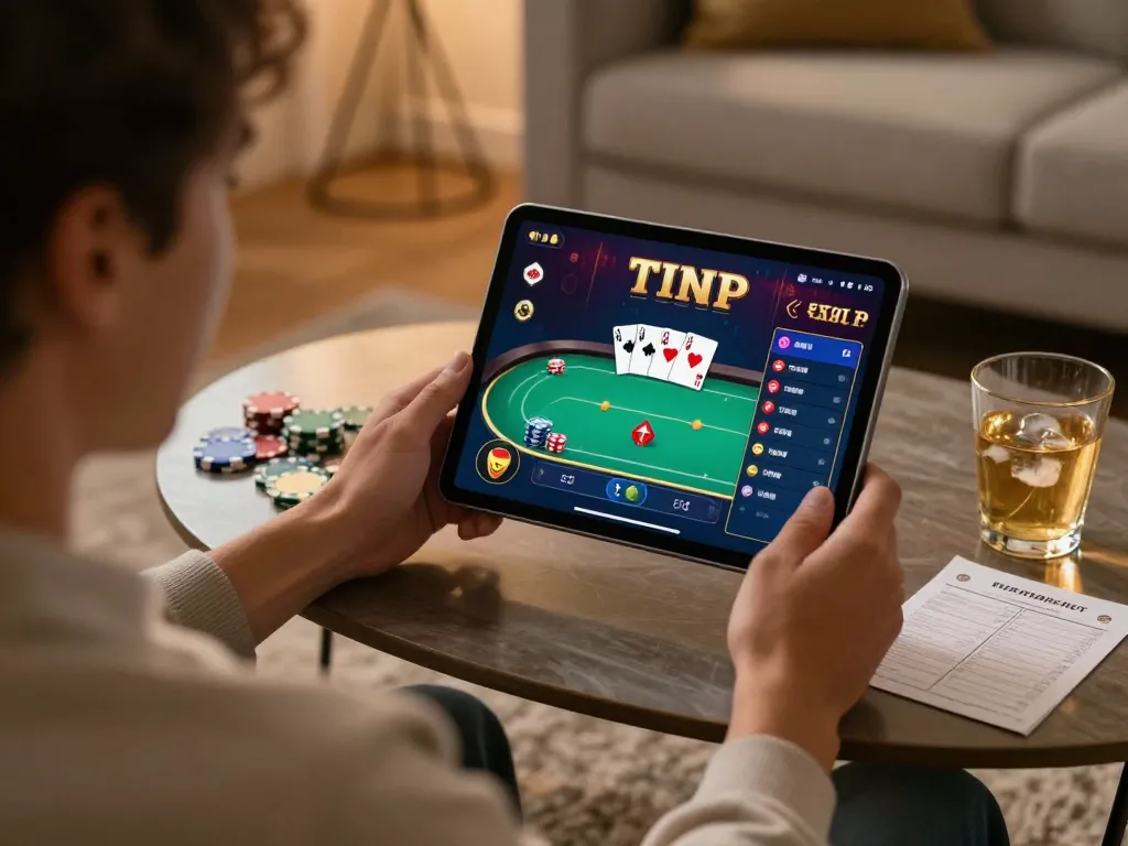 Player engaged in online poker gameplay at home using xx88 app on tablet.