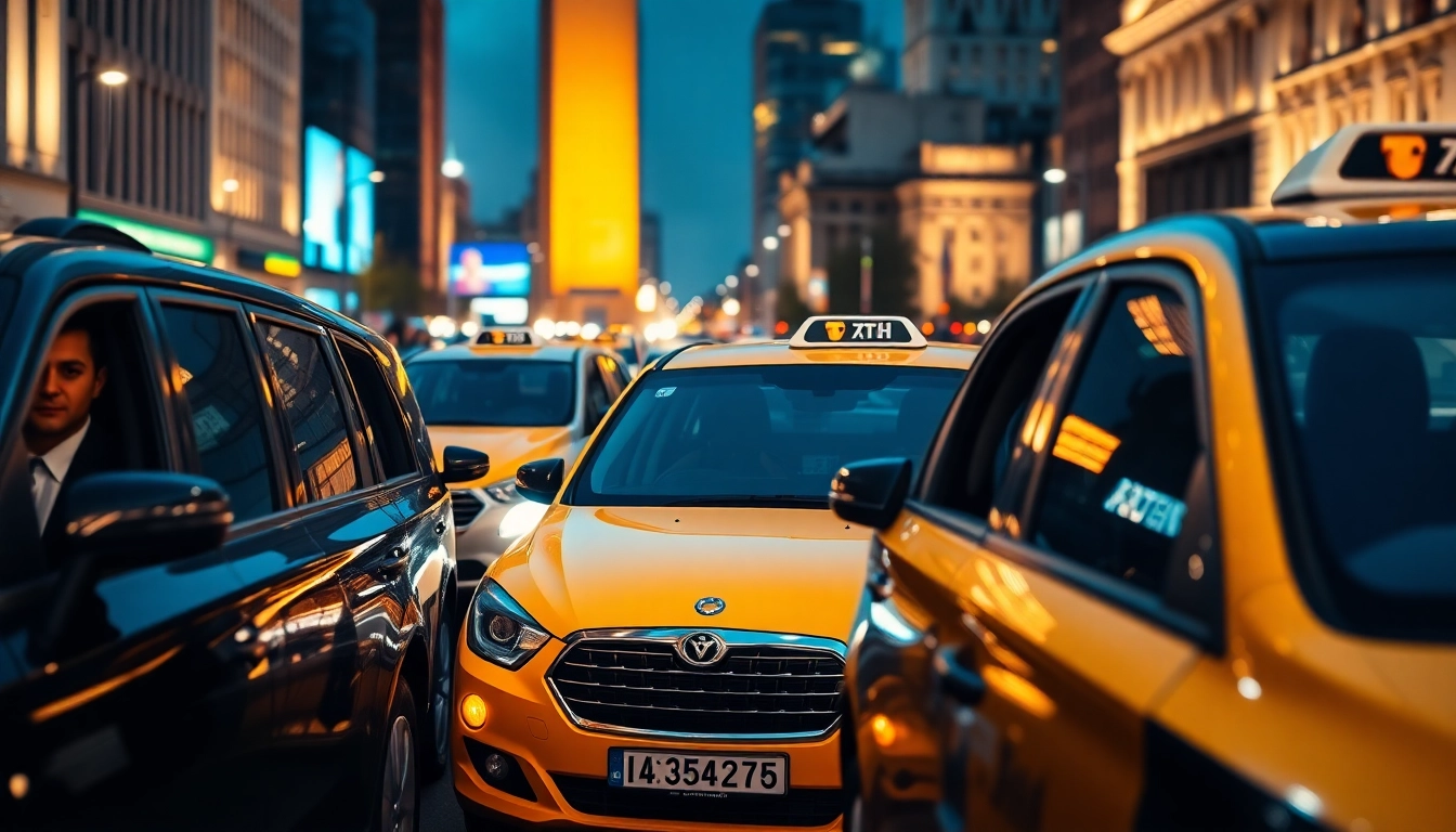 Minicabs ready for passengers in a vibrant urban setting with professional drivers.