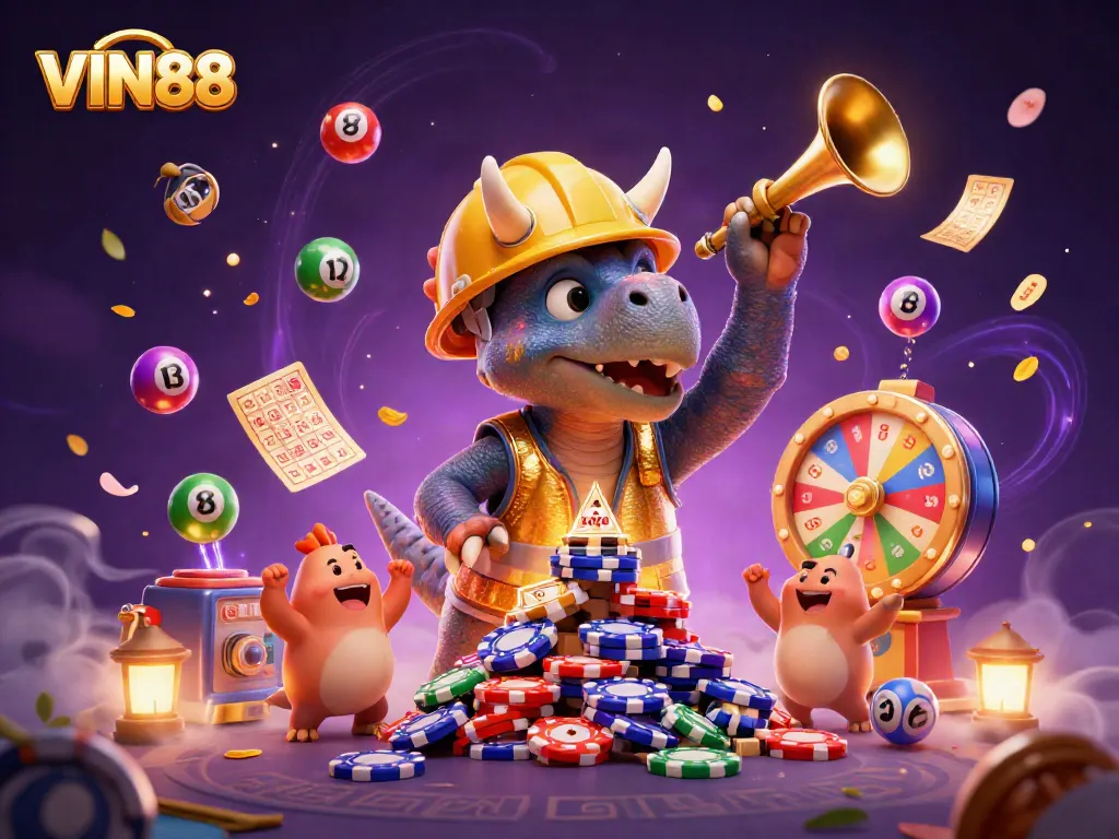Join VIN88 players as they celebrate with a vibrant 3D casino illustration packed with games and excitement.