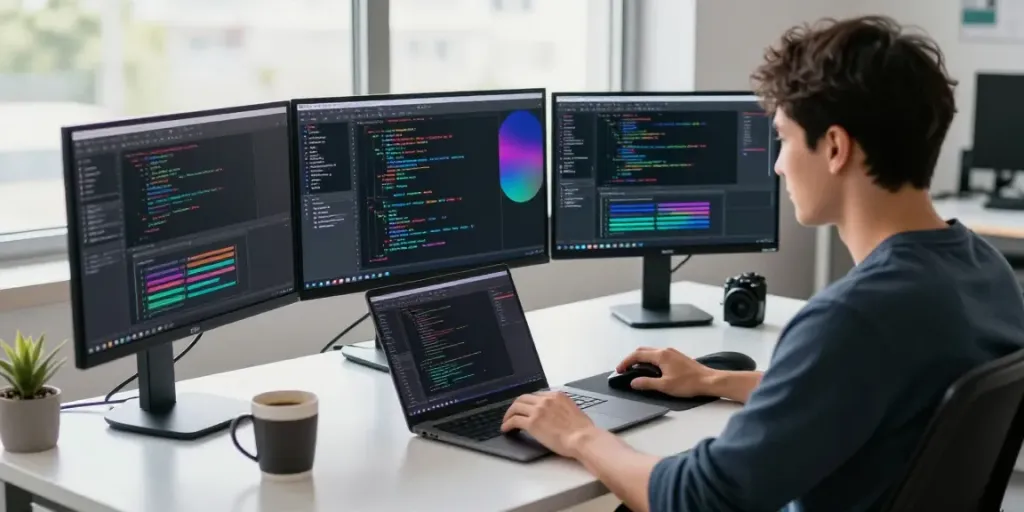 Developer coding with additional hints displayed on screens in a modern office.
