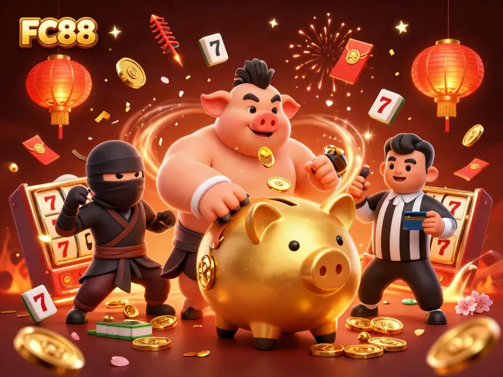 Engage with thrilling gameplay at FC88, featuring a sumo wrestler and ninja in an intense casino scene.