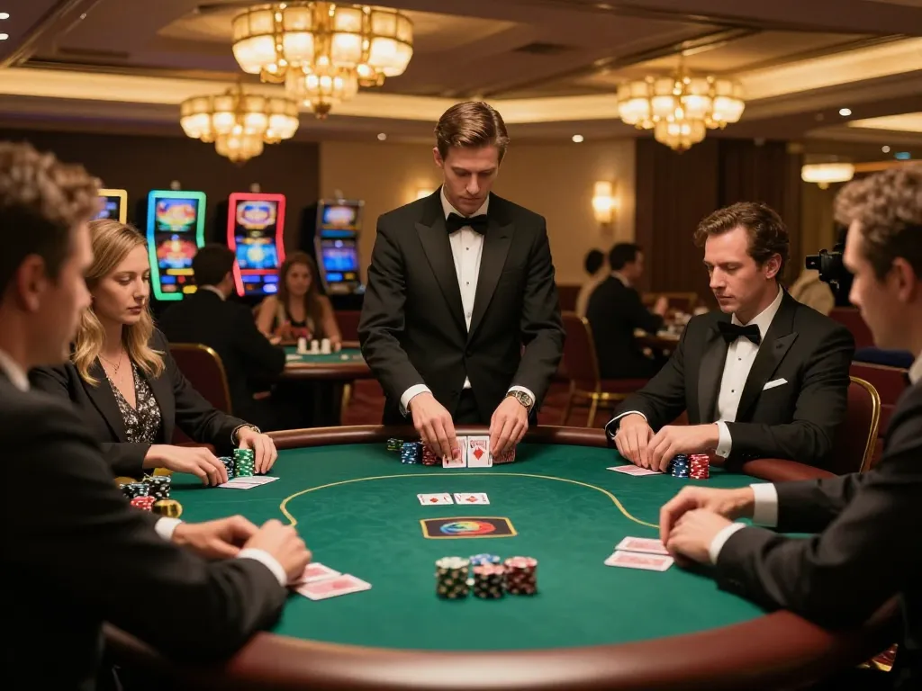 Players engaged in a thrilling poker game at Kwin's upscale casino, showcasing strategic moves and elegant atmosphere.