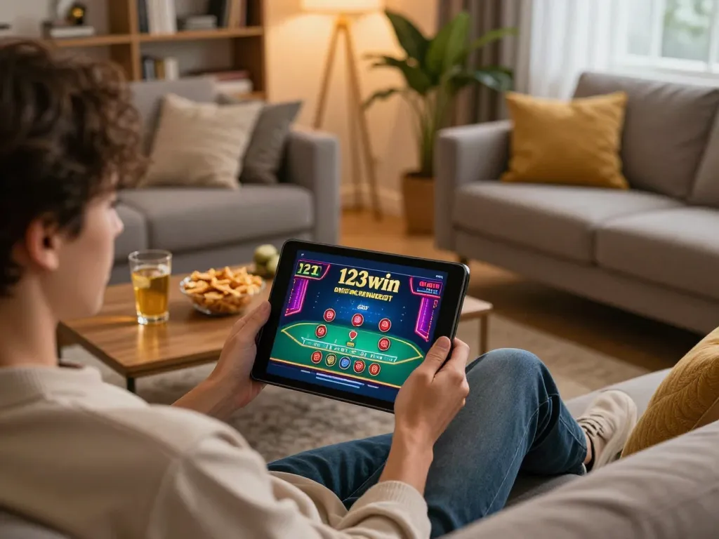 Engaged player using 123win on tablet for online gaming experience in a cozy atmosphere.