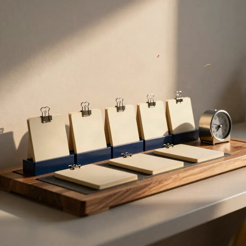 Magnetic project board with blank cards, navy blocks, clips and a desk timer on walnut slats.