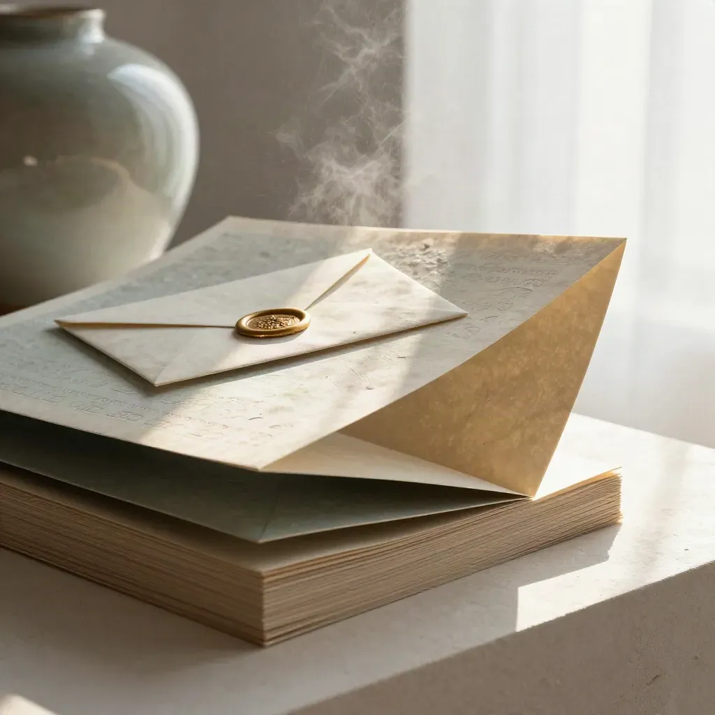 Ivory strategy folios, stone swatches, sealed envelope, and ceramic vessel on a plaster plinth.
