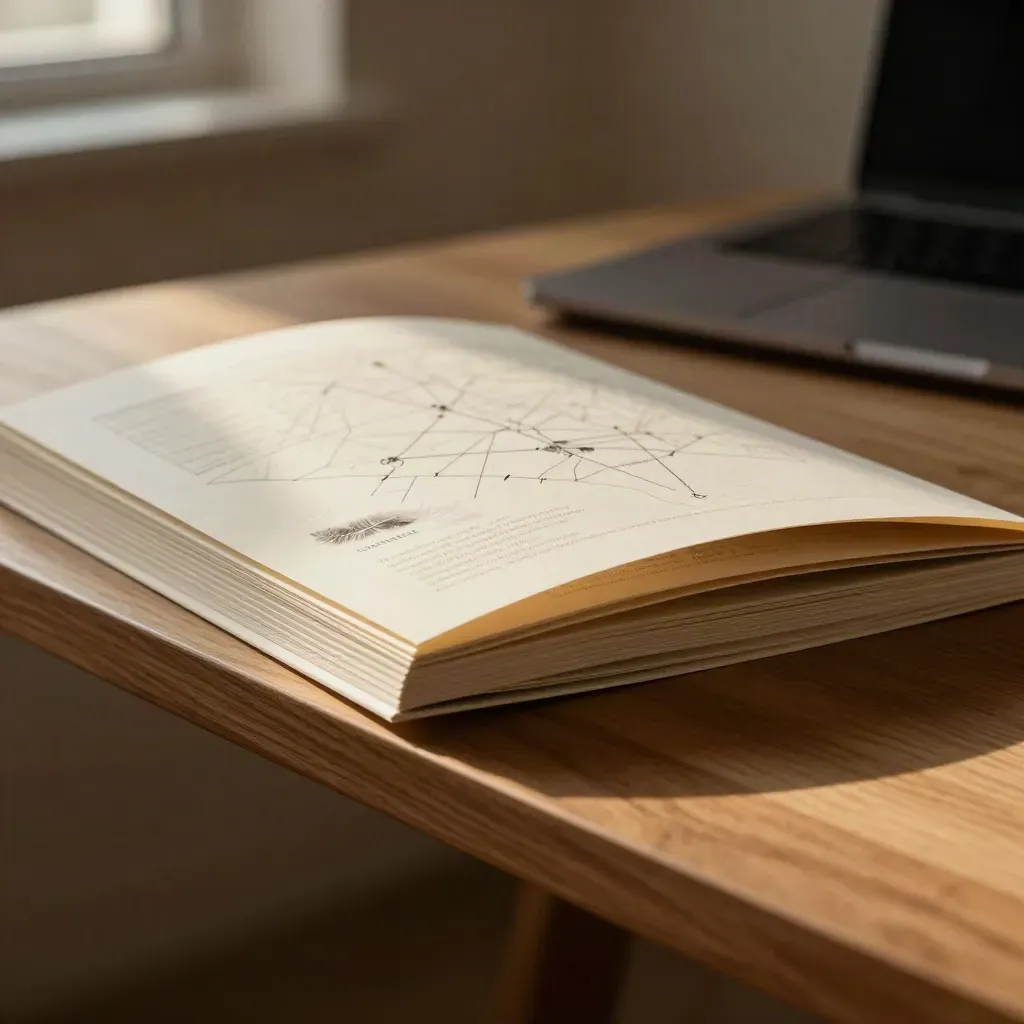 Macro of layered website copy proofs, vellum dividers and a closed laptop in warm late-afternoon light.
