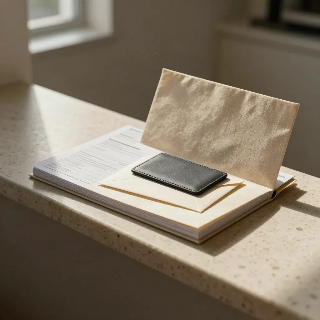 Travertine onboarding kit with linen folio, slate sleeve, and sealed envelope in motion
