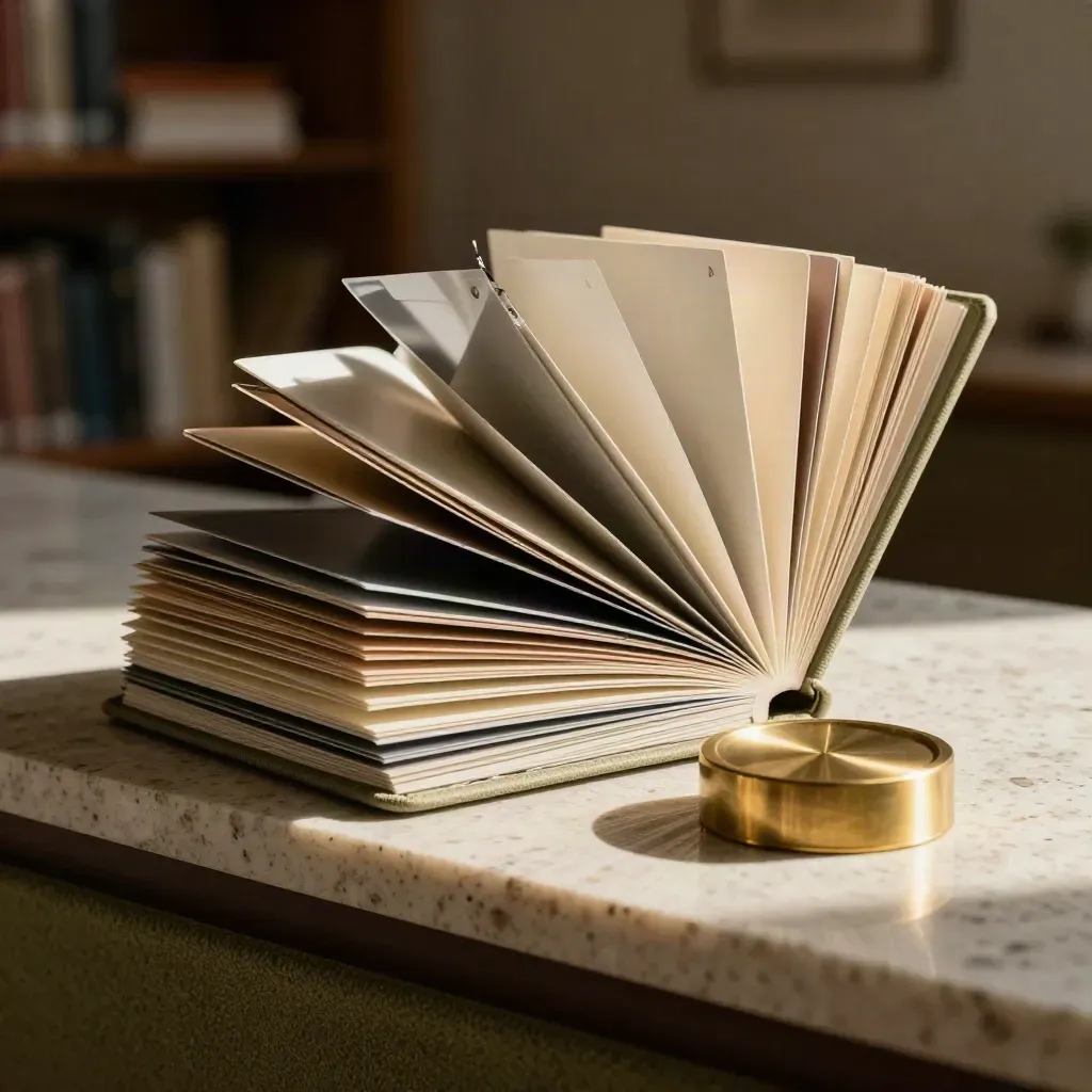 Open presentation folio with acetate dividers and sample boards on a stone ledge in moody light.