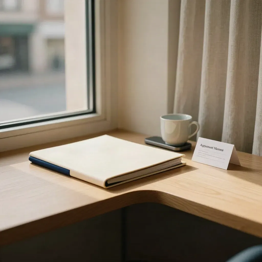 Cream folder, phone cradle, ceramic cup and turned appointment card in a sunlit consultancy nook.