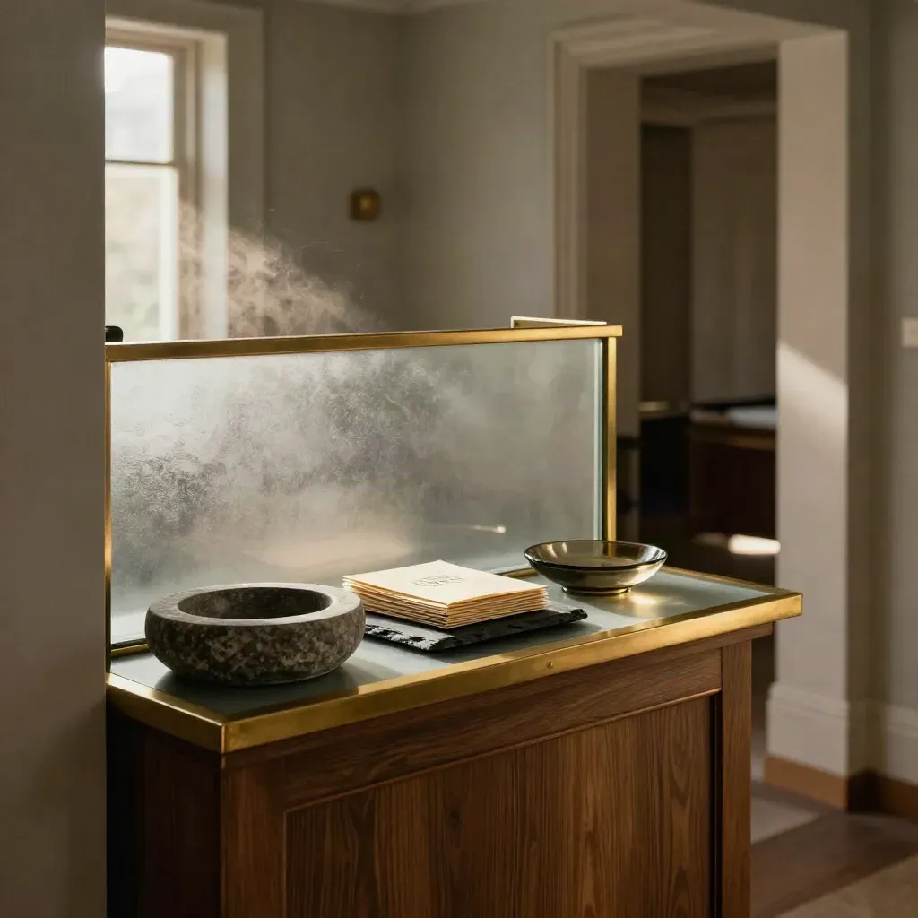 Branded law-firm reception shelf with frosted glass, brass trim, stone tray, and welcome packets