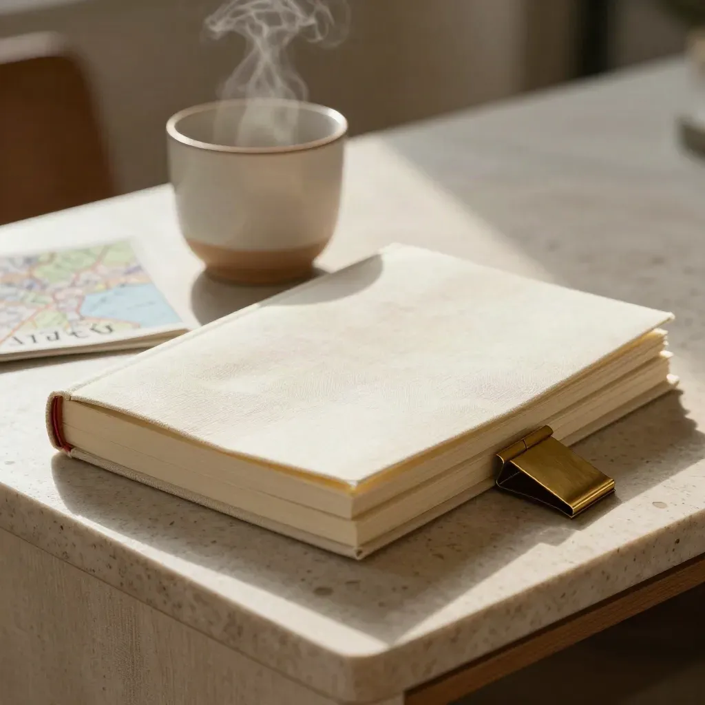 Reset notebooks, ceramic cup and brass clip on travertine in warm window light.