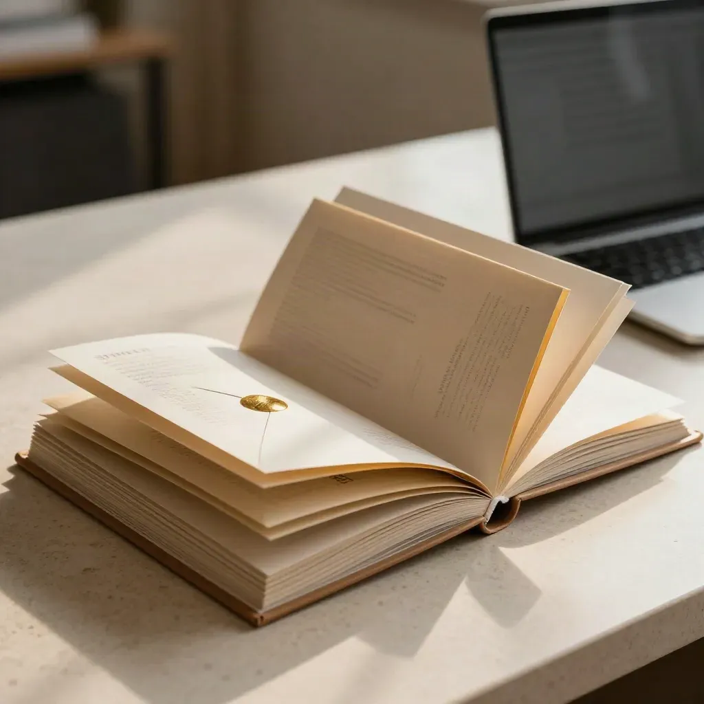 Fanned pitch deck in a premium folio beside a sealed envelope and closed laptop on travertine.