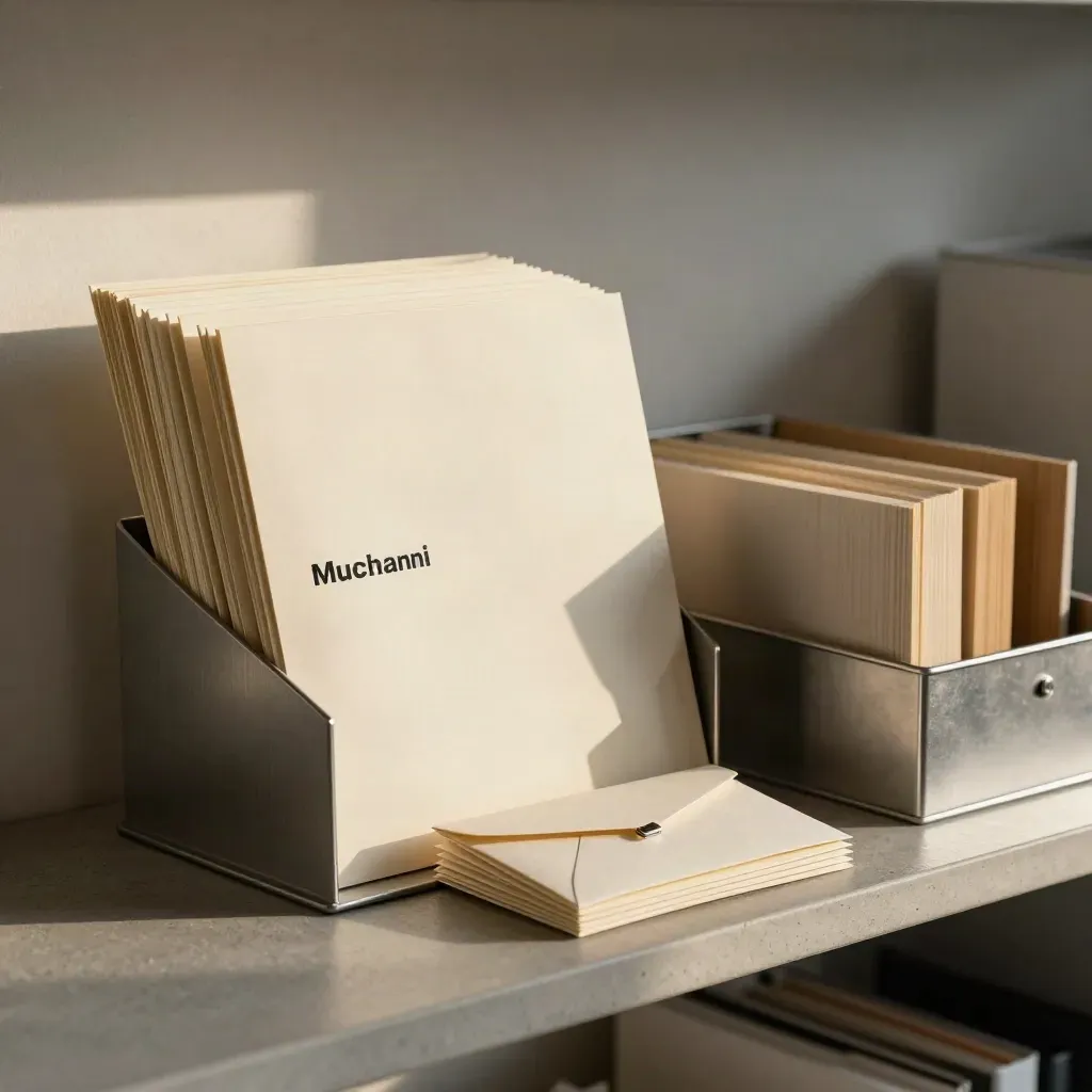 Onboarding shelf with cream folders, keycard sleeve, return envelopes and a supply box.