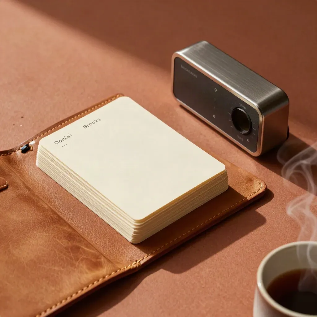 Leather folio, slate timer and steaming cup with stacked milestone cards on terracotta surface.