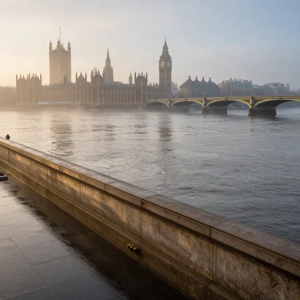 Westminster and the Thames at dawn, lifted in mist above a calm riverfront.