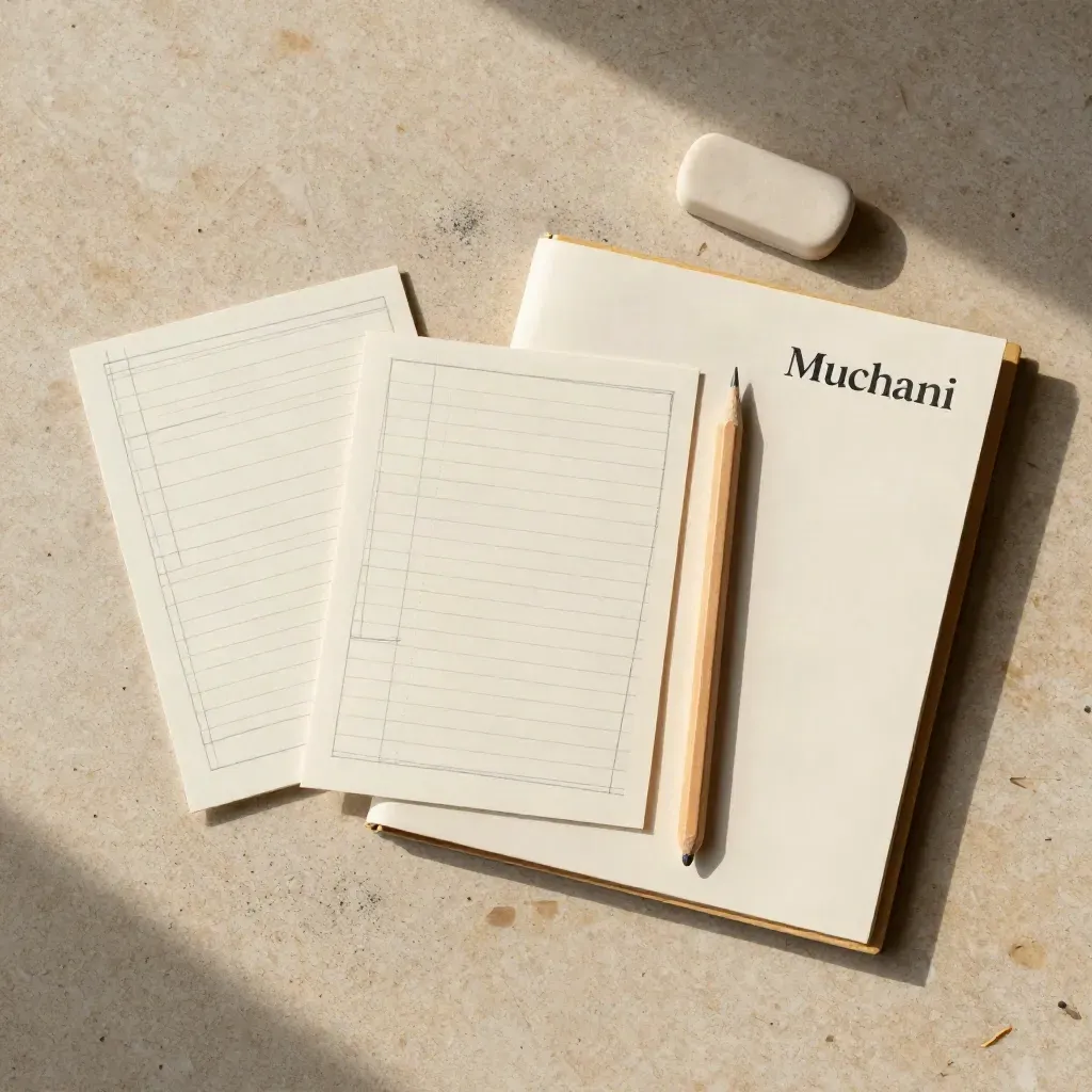 Overhead flatlay of draft cards, pencil, eraser and cream proof folder on pale stone.