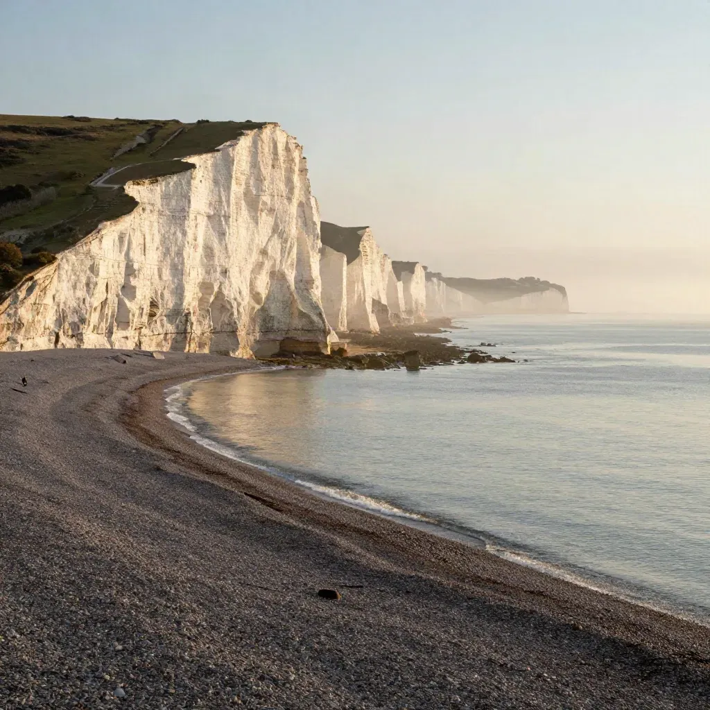 Brighton chalk cliffs glowing at sunrise above a calm hazy sea