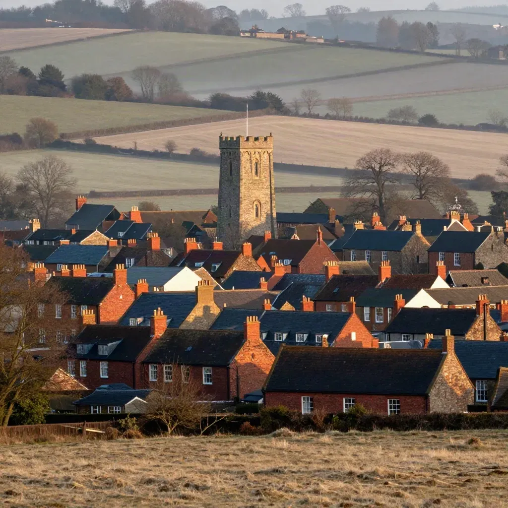 Midlands ridge with red-brick roofs, distant stone tower, patchwork fields and morning mist.