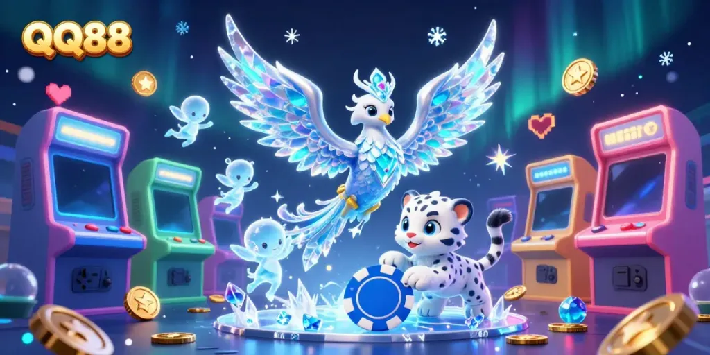 Engage in thrilling gaming adventures at QQ88 with an enchanting ice phoenix and vibrant casino elements.
