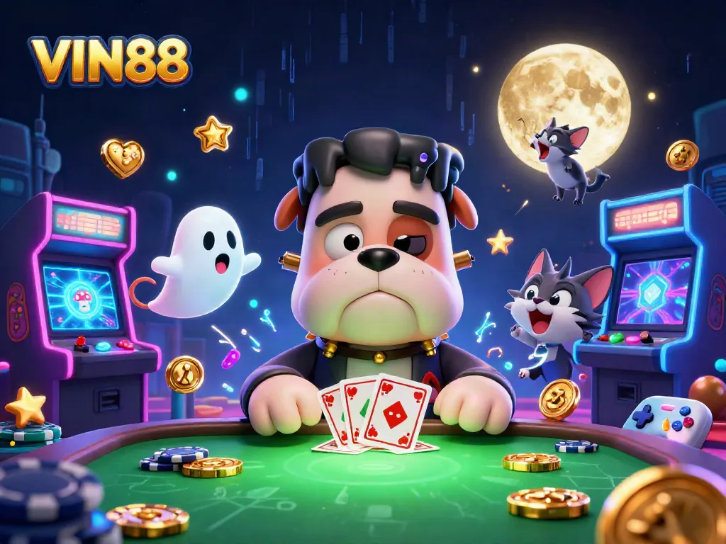 VIN88 players enjoying a vibrant 3D casino scene with unique characters and exciting gambling elements.